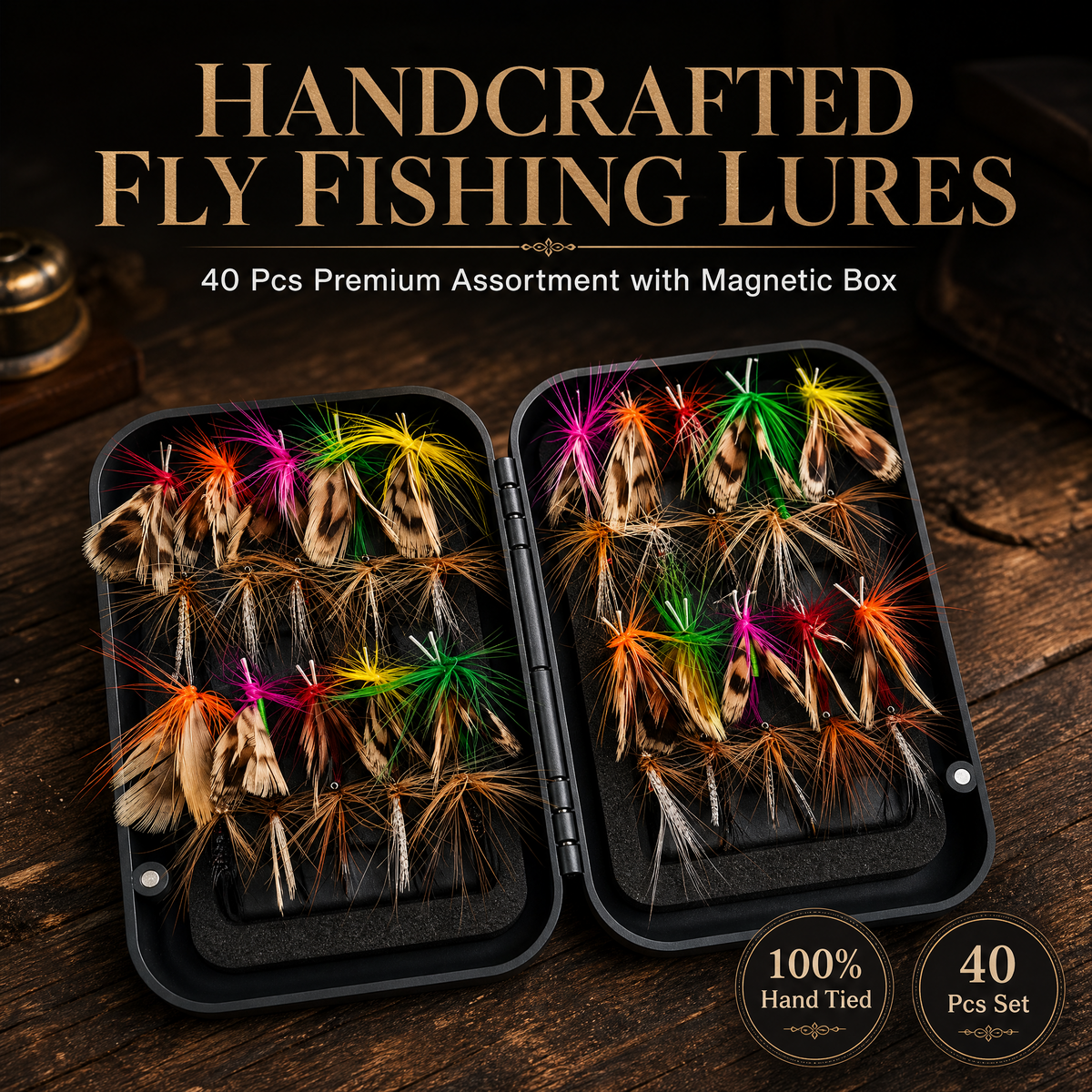 fly fishing lure,40Pcs Compact Bio-Mimetic Fly Fishing Lure Kit - Hand-Tied Feathers with Feather Hackle, Realistic Imitation Flies, Secure-Closing Magnetic Box for Stream, Lake Fishing