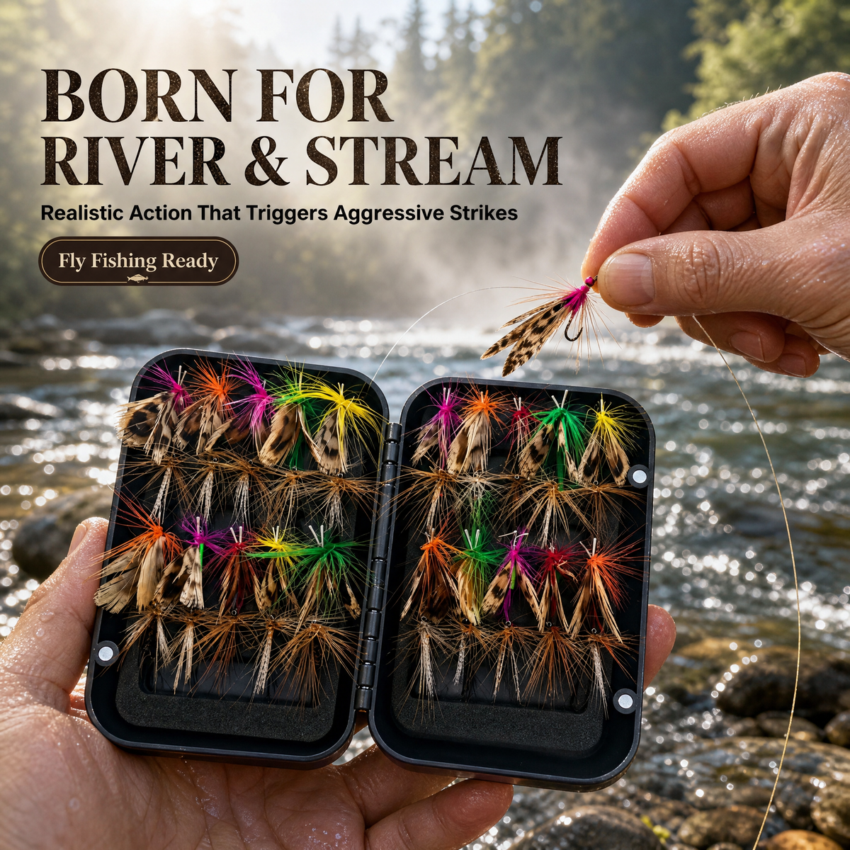 fly fishing lure,40Pcs Compact Bio-Mimetic Fly Fishing Lure Kit - Hand-Tied Feathers with Feather Hackle, Realistic Imitation Flies, Secure-Closing Magnetic Box for Stream, Lake Fishing